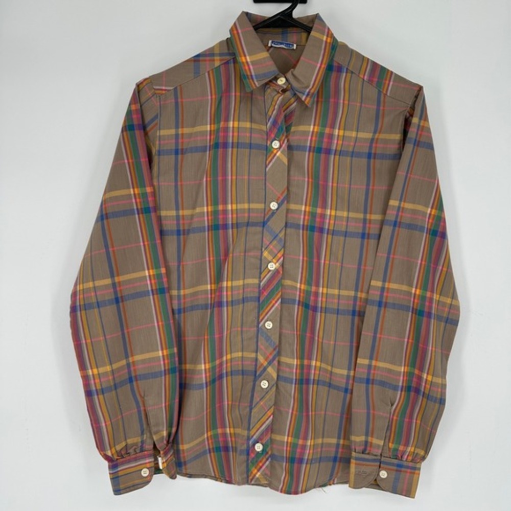 Vintage 60s 70s Levis Womens Plaid Button‎ Down Shirt Tan Multi Color 67390